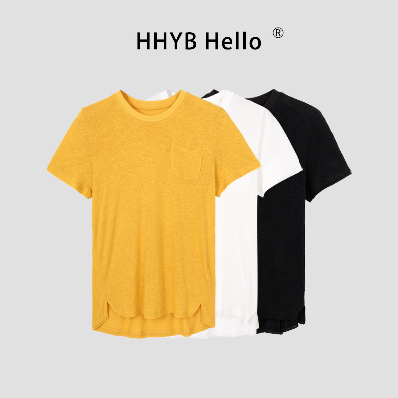 HHYB Hello2025夏季新款休闲时尚百搭圆领口袋纯色T恤上衣250265