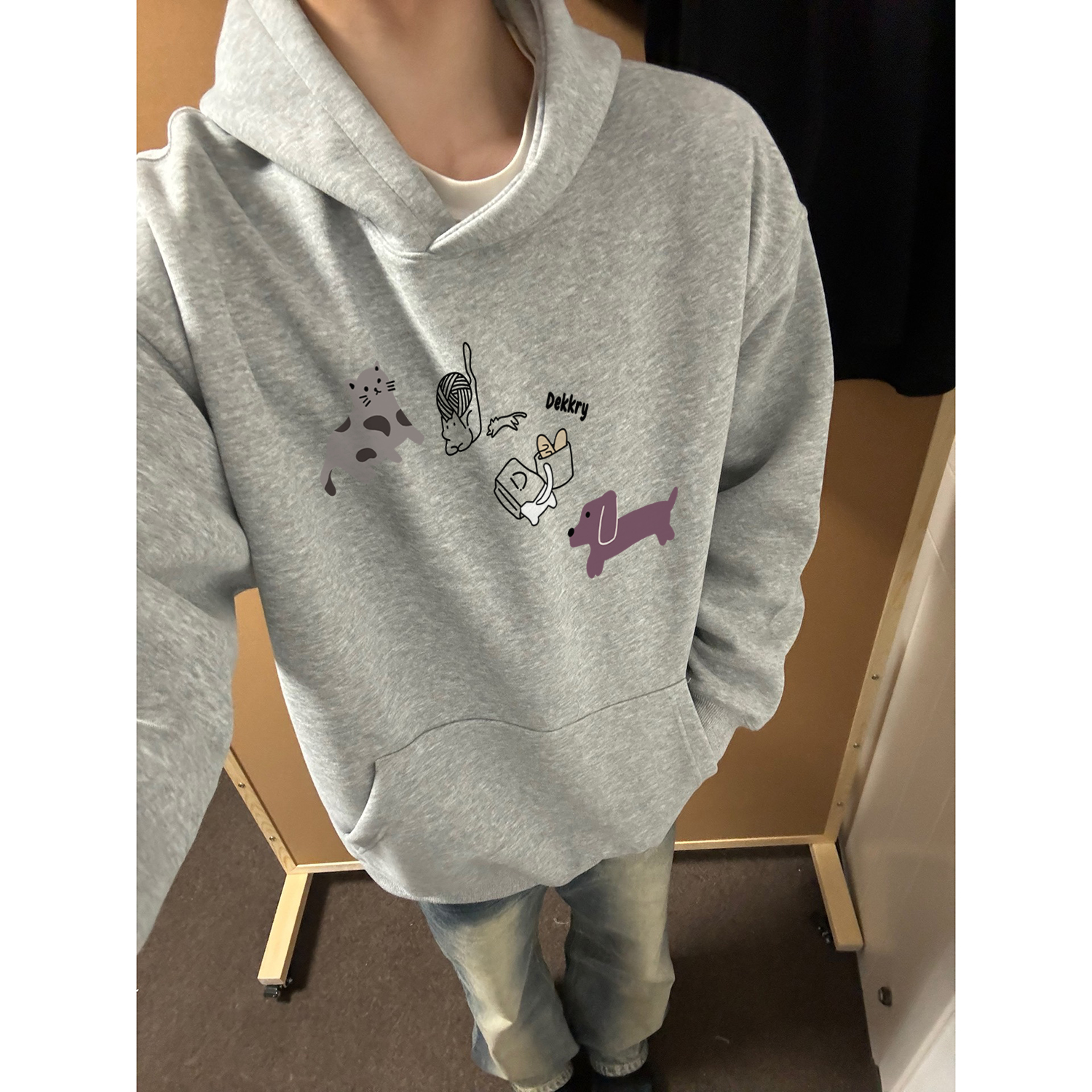 秋冬美式休闲百搭连帽卫衣男女猫狗印花慵懒风套头宽松情侣上衣潮