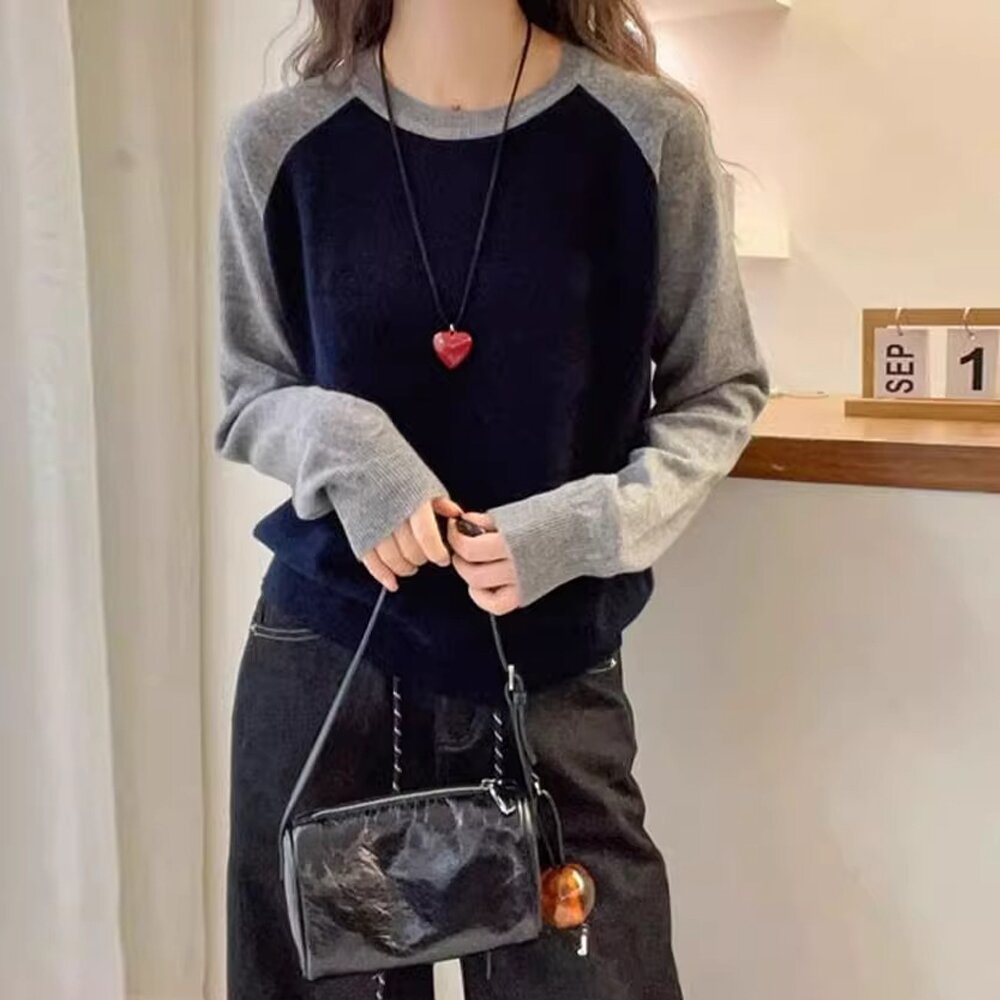 冬季新款女装时尚拼接插肩袖简约圆领长袖套头休闲保暖打底毛衣潮