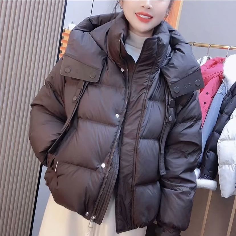 时尚连帽羽绒服2025新款加厚冬季小个子短款鸭绒宽松保暖外套纯色