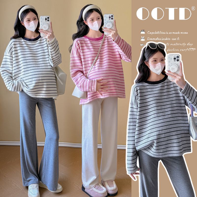 孕妇装圆领秋冬韩式条纹毛衣新款慵懒风休闲宽松显瘦百搭套头上衣