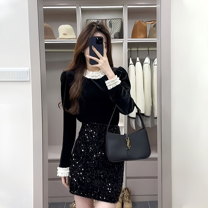 今年流行蕾丝拼接撞色上衣亮片短裙套装女2025新款秋季长袖两件套