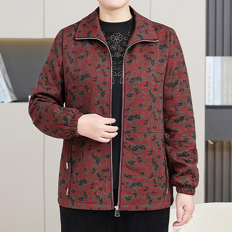 哥弟阿玛施正品大尺码妈妈装春季新款碎花拉链翻领外套中老年妈妈