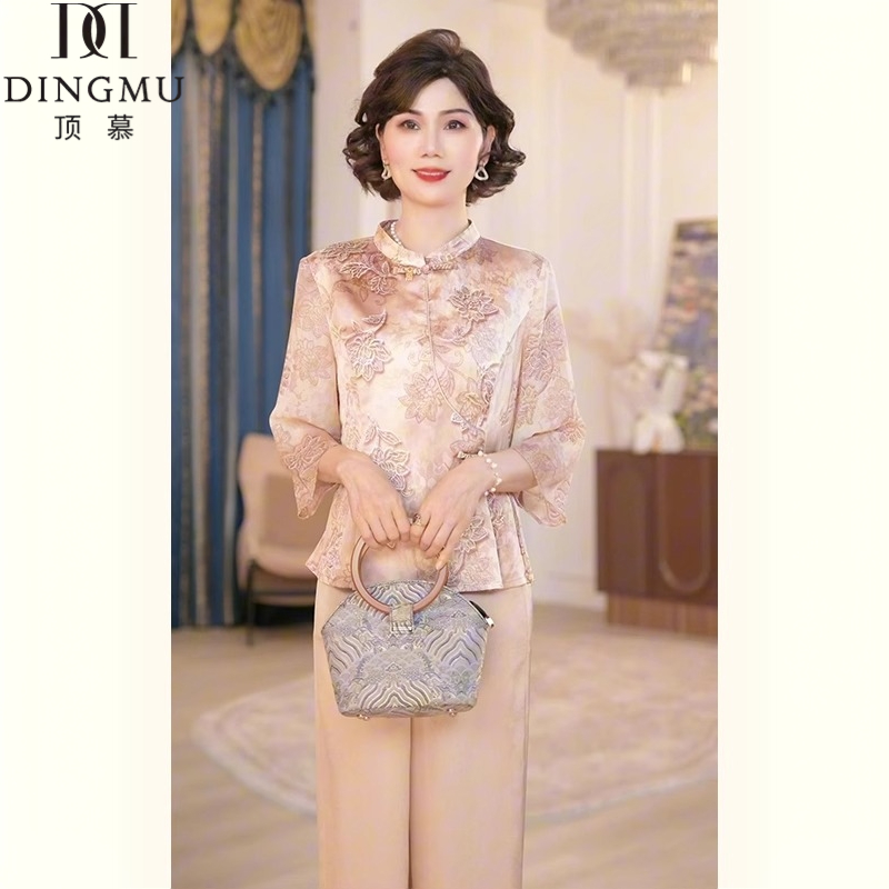 中老年洋气夏装新中式七分袖衬衣套装2025新款气质中国风女装夏季