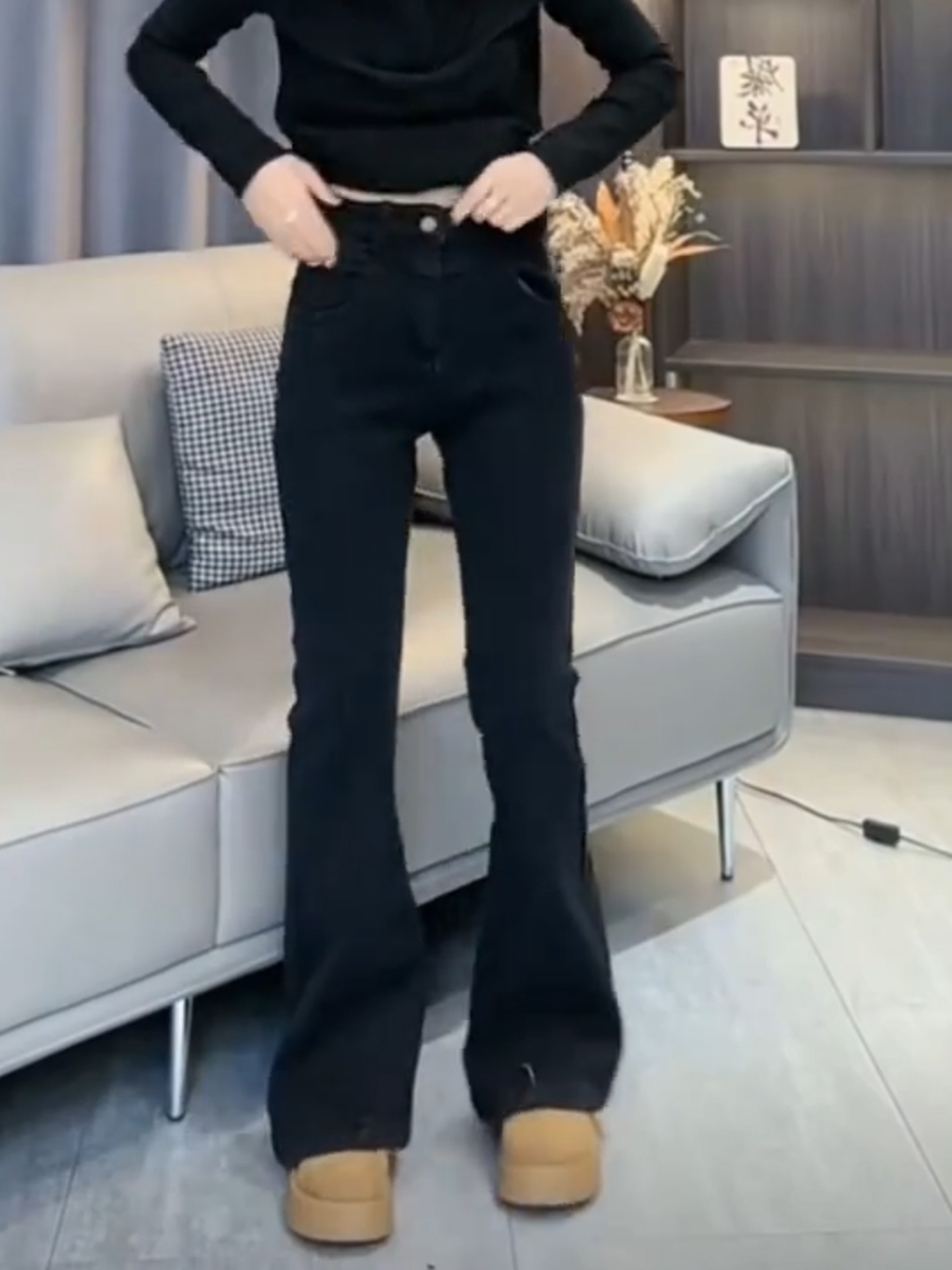 2025秋季新款复古蓝弹力直筒马蹄裤大码女装高腰显瘦微喇叭牛仔裤