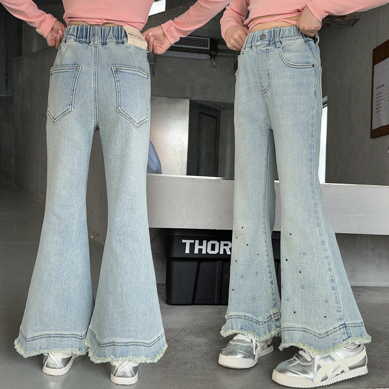 女童春装洋气毛边喇叭裤2025新款儿童显瘦牛仔裤女大童时髦不规则