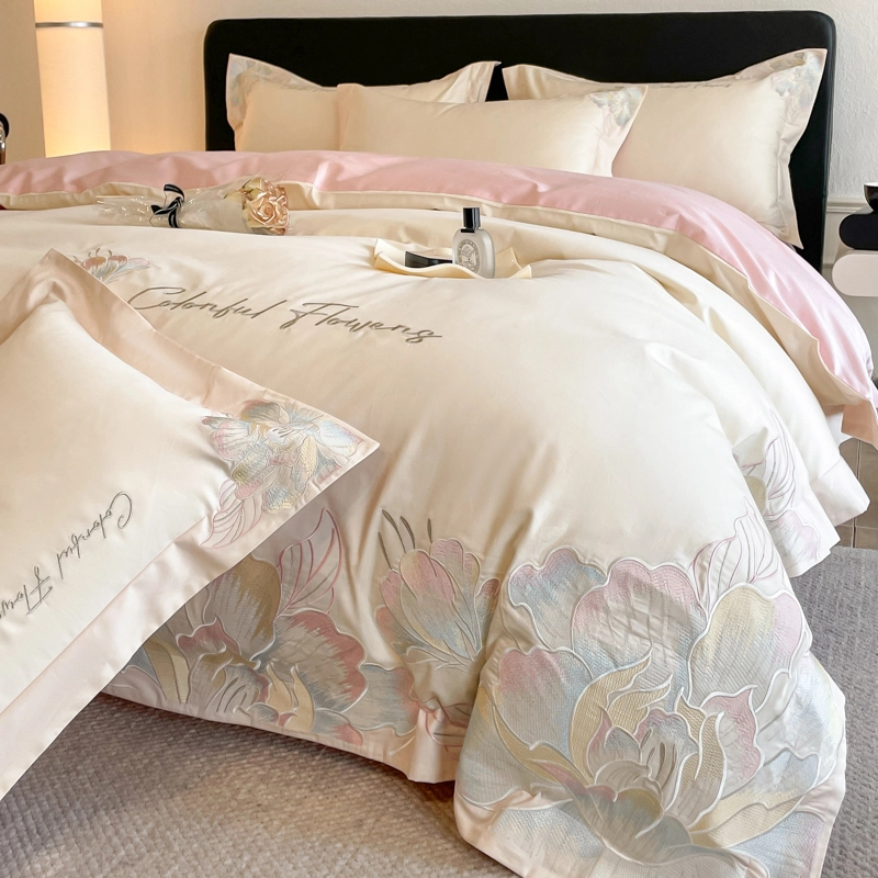 富安娜高端轻奢风A类长绒棉四件套刺绣柔软亲肤全棉床单被套床品