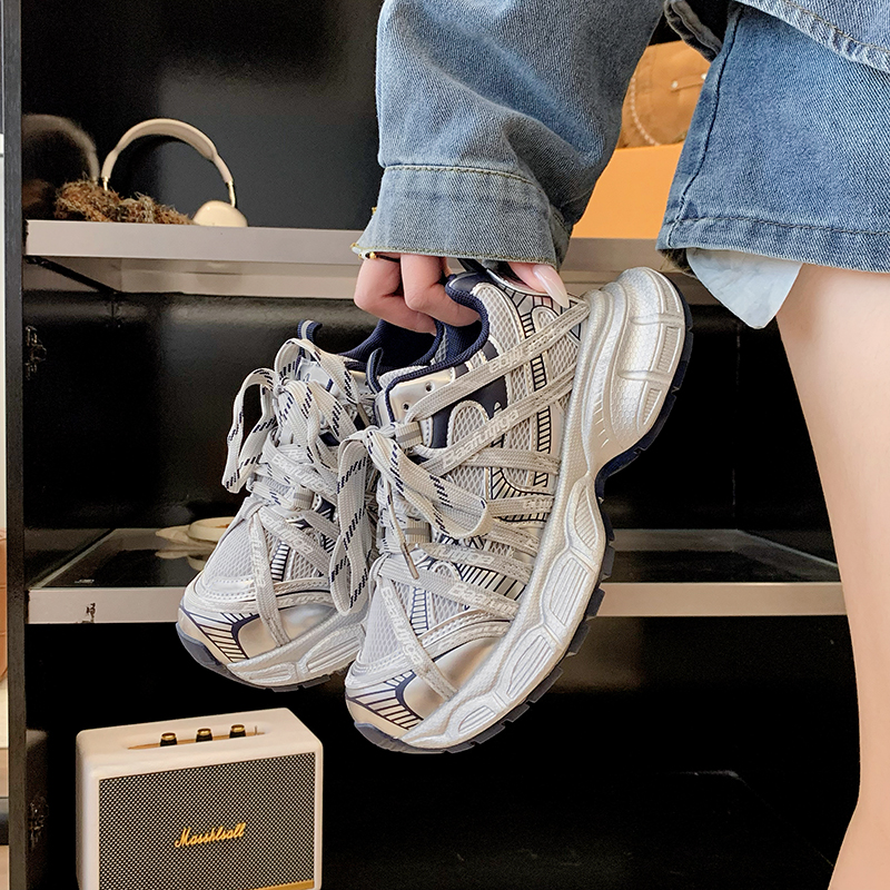 透气运动鞋秋季老爹鞋女ins时尚系带潮流百搭拼色绑带厚底鞋爆款