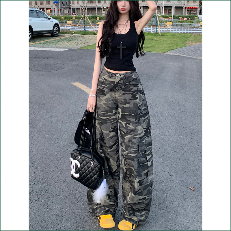 嘻哈风迷彩工装弯刀牛仔裤女2025秋季新款高腰宽松显瘦美式休闲裤