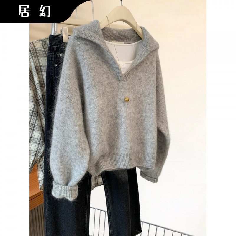 居幻v领针织毛衣女秋季2025新款翻领慵懒风时尚百搭潮流加厚上衣
