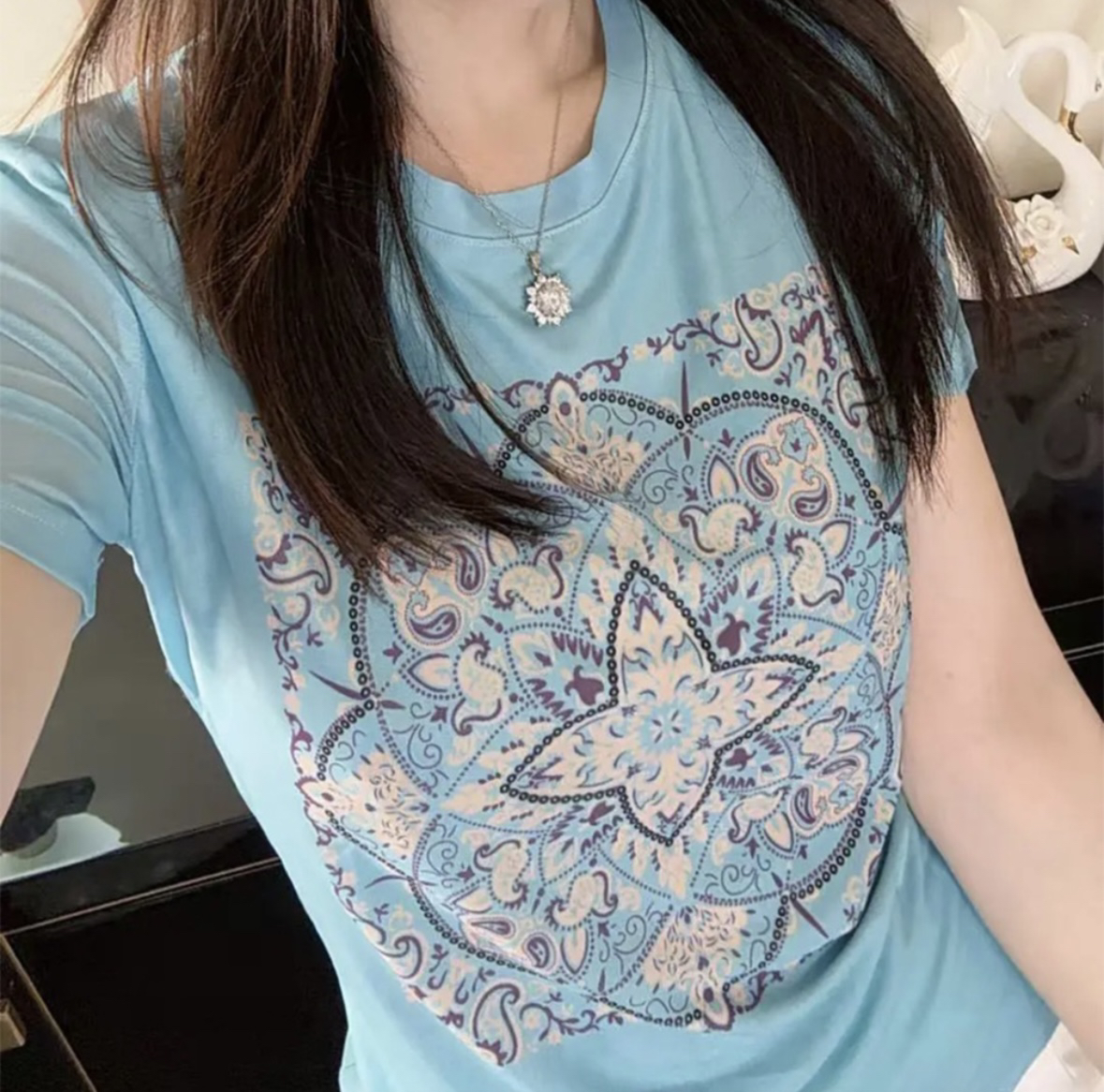 双层网纱新款复古时尚圆领显瘦通勤T上衣 A2098