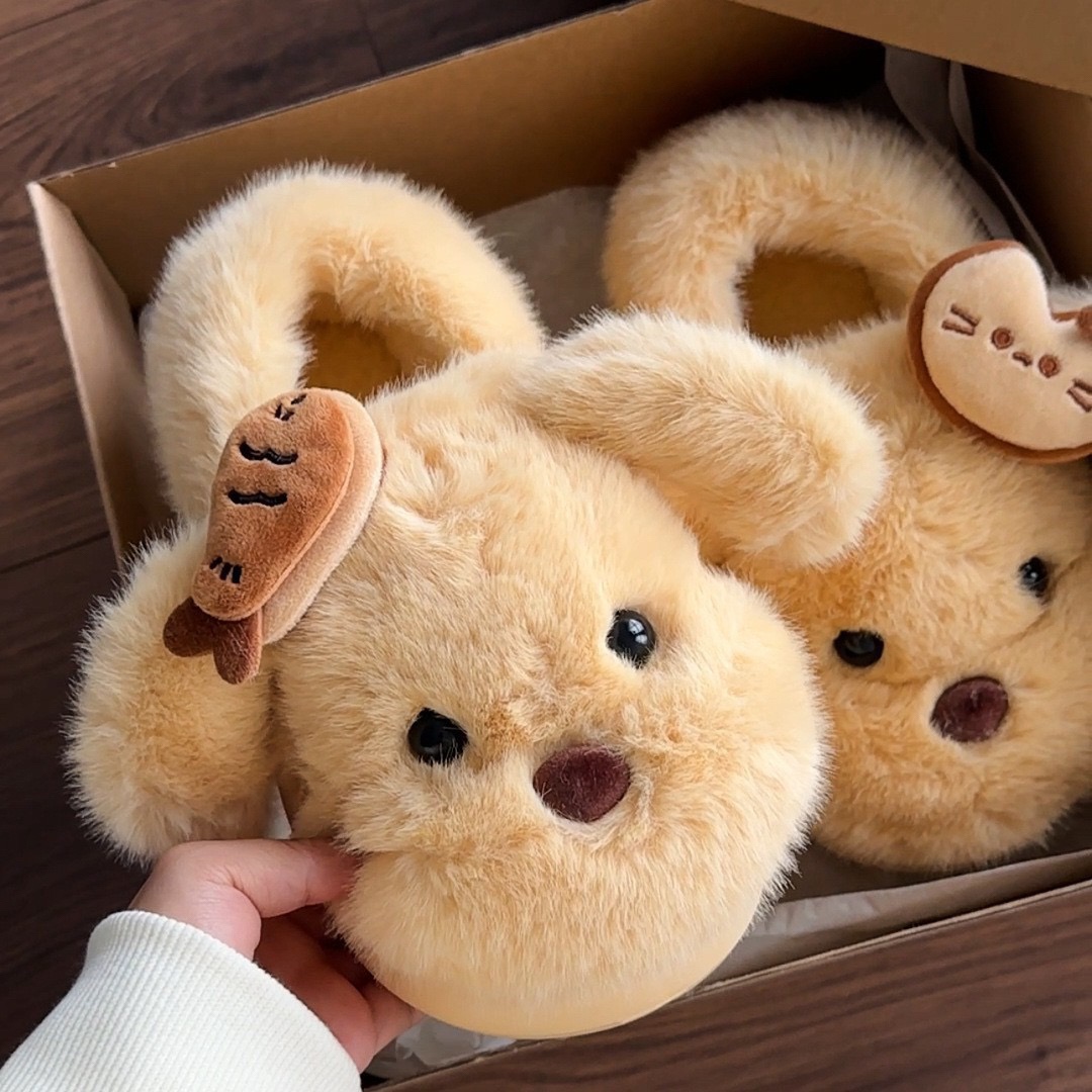 2025秋冬新款可爱立体软萌小狗毛毛拖鞋厚底百搭包头棉拖鞋女外穿