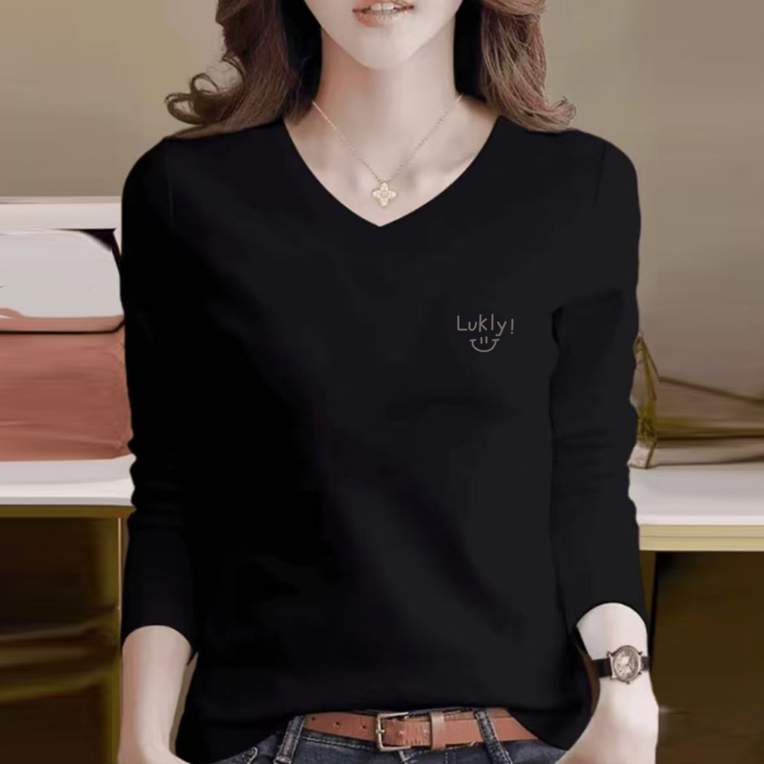 纯棉春秋季V领长袖t恤女装潮流洋气衣服休闲上衣长袖打底衫