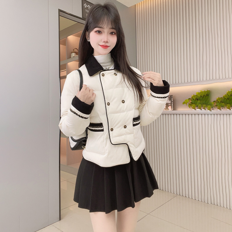 撞色翻领小香风短款外套女2025新款冬季小个子加厚保暖棉服