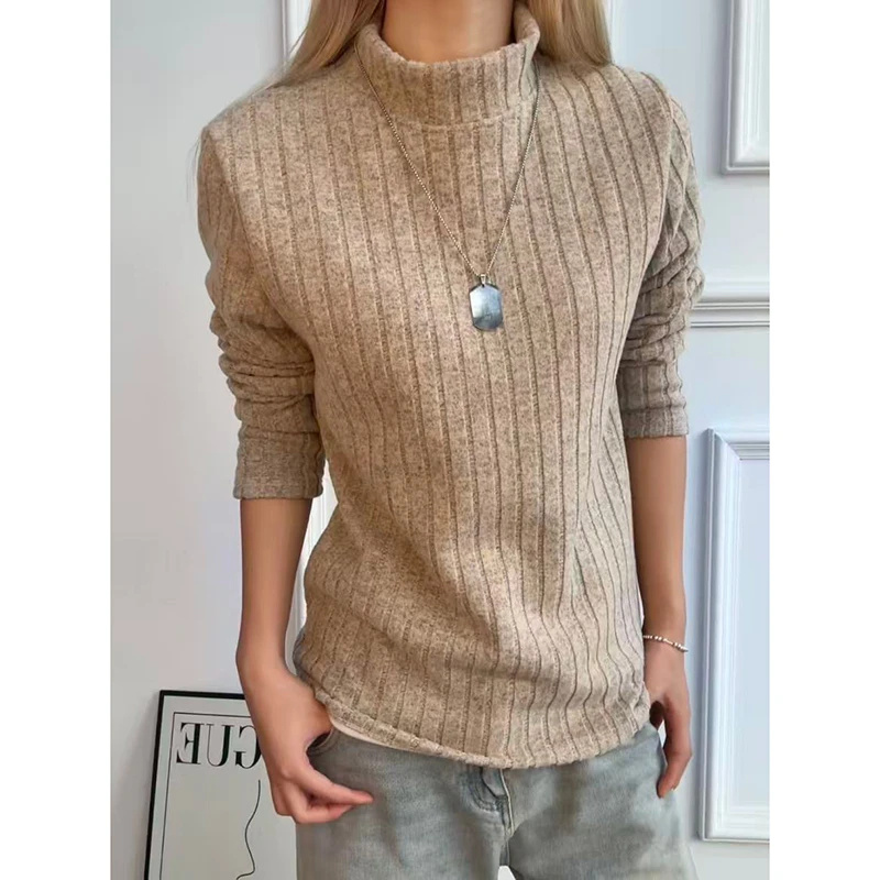 卡其色半高领德绒打底衫男款秋冬松弛感加绒卫衣复古条纹内搭上衣