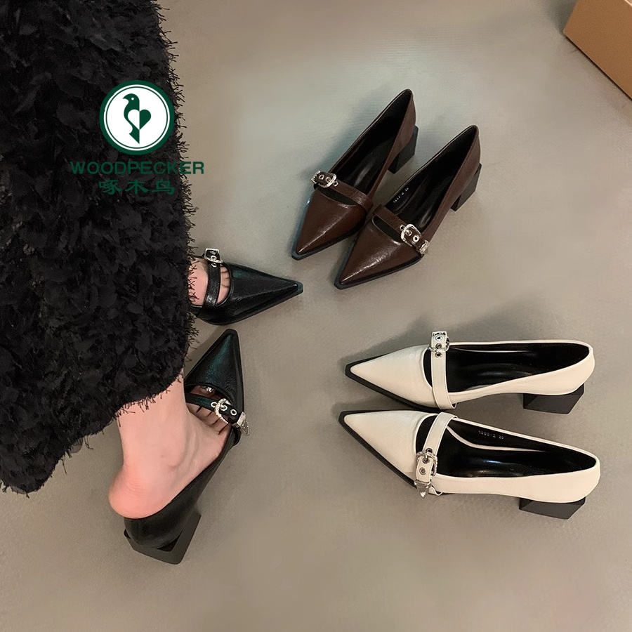 啄木鸟粗跟黑色尖头高跟鞋法式小皮鞋复古女2025春新款爆款乐福鞋