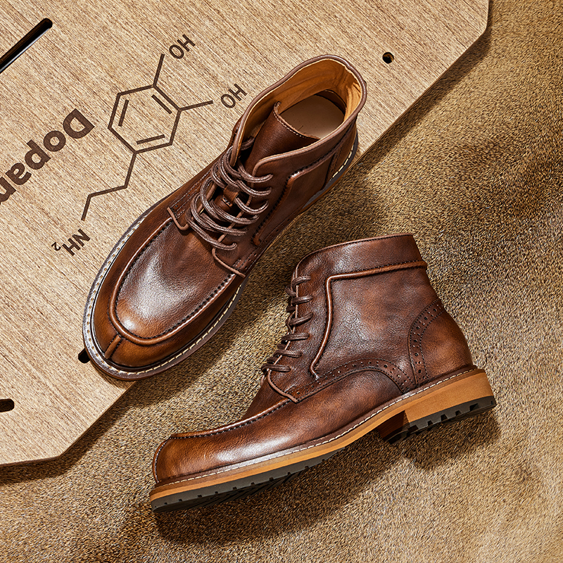 工装靴皮革拼接厚底马丁靴高帮男士英伦风英伦男靴复古潮流