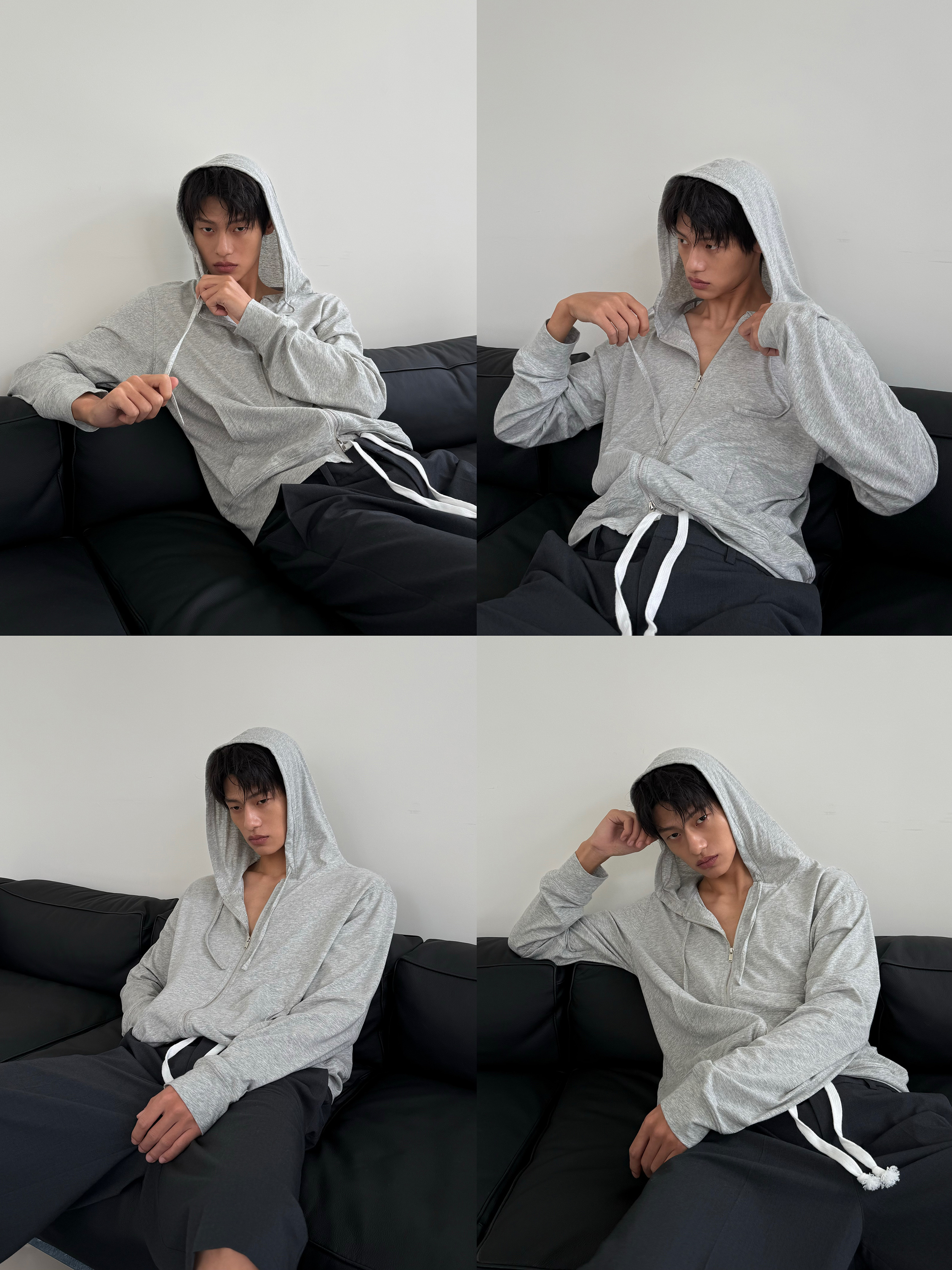 weave【现货】极简的灰 花灰色全棉轻薄连帽短款长袖卫衣外套