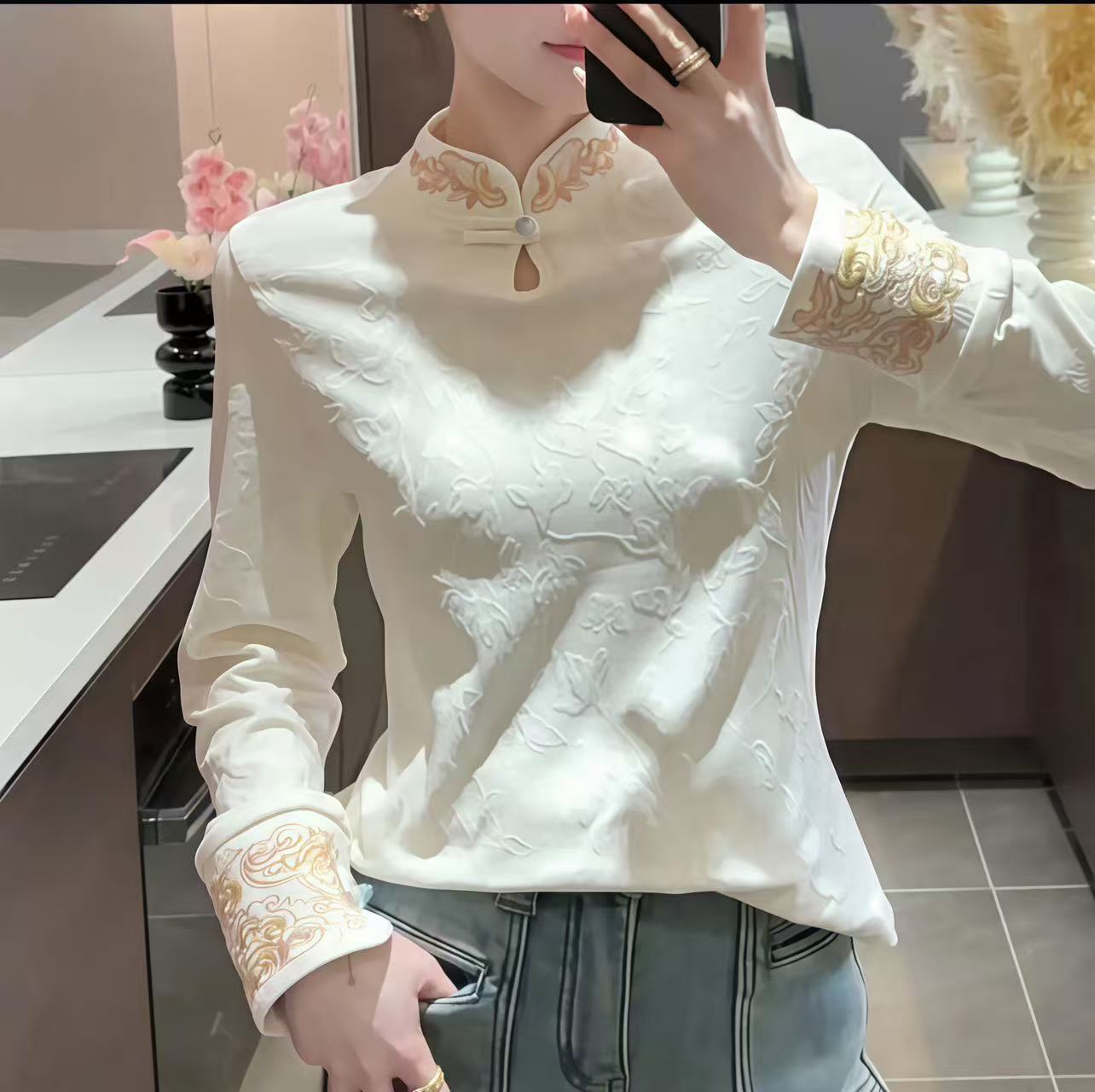 2025年秋冬新中式国风立领盘扣衬衫刺绣提花长袖保暖上衣