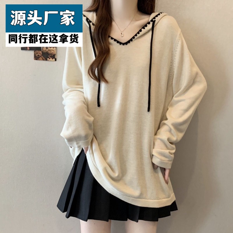 梵乐芬大码长袖连帽V领条纹肌理感秋季新款胖mm遮肚子显瘦藏肉卫
