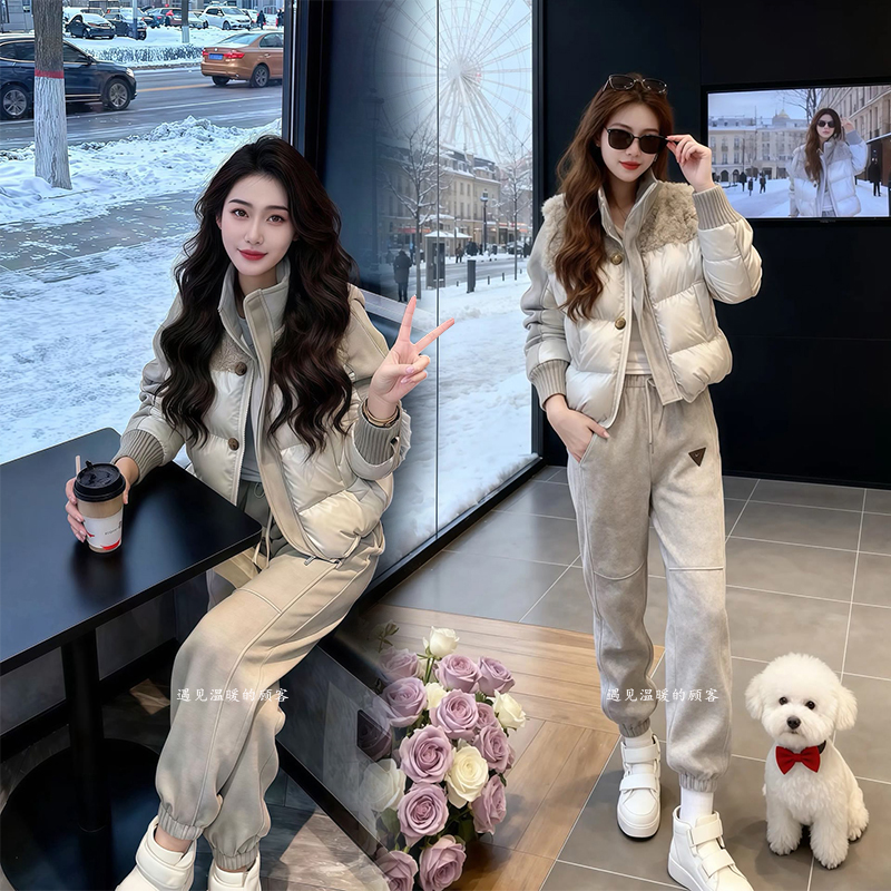 时尚套装女2025冬季新款韩版棉衣棉服洋气拼接休闲减龄加厚两件套