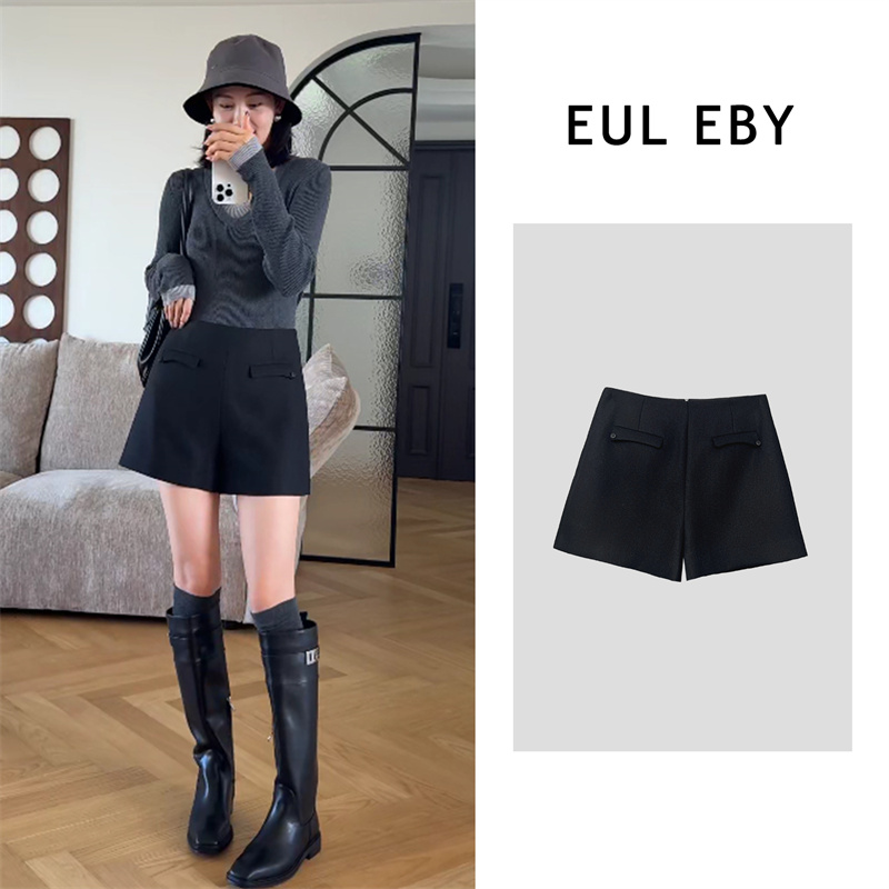 EUL EBY时尚裤子休闲极简百搭对称假口袋高腰直筒西装短裤251502#
