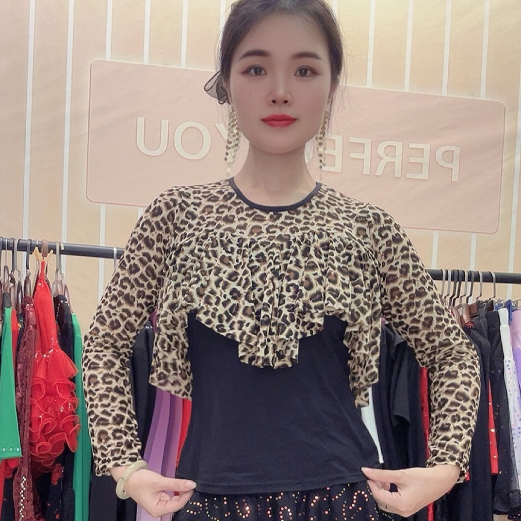 豹纹限量款摩登舞荷叶边飘逸连体上衣