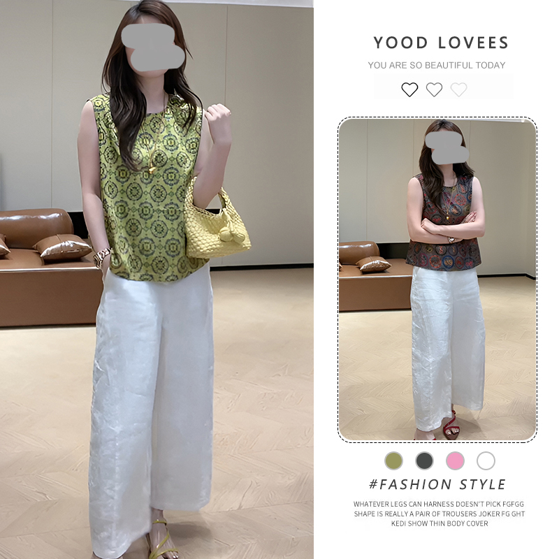 新中式国风圆领单排扣上衣女高腰阔腿裤2025夏季新款时尚两件套薄