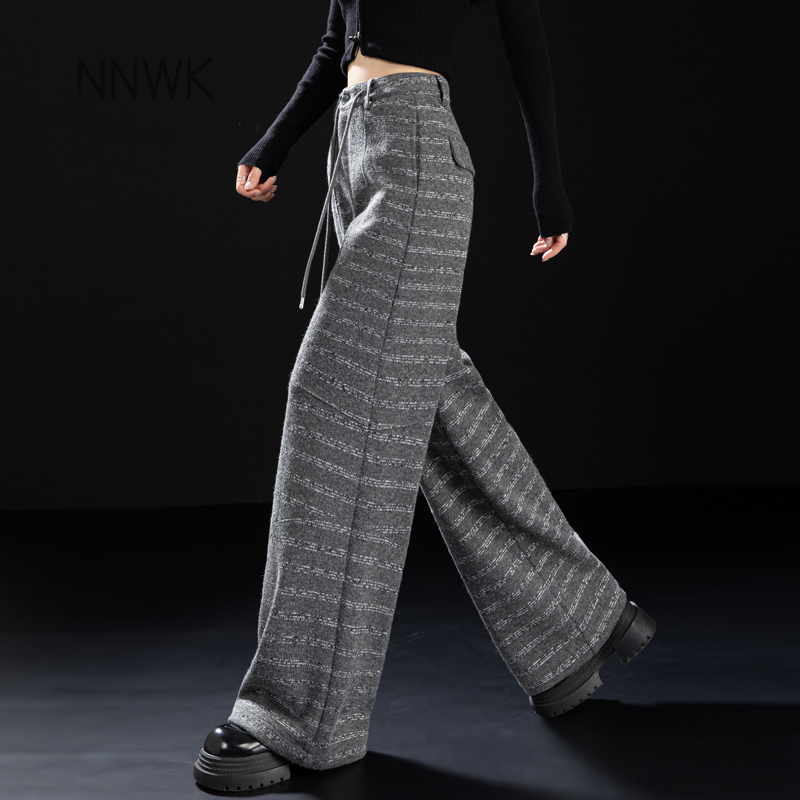 灰色条纹裤子2025年流行网红女裤秋冬毛呢裤阔腿裤休闲裤女直筒裤