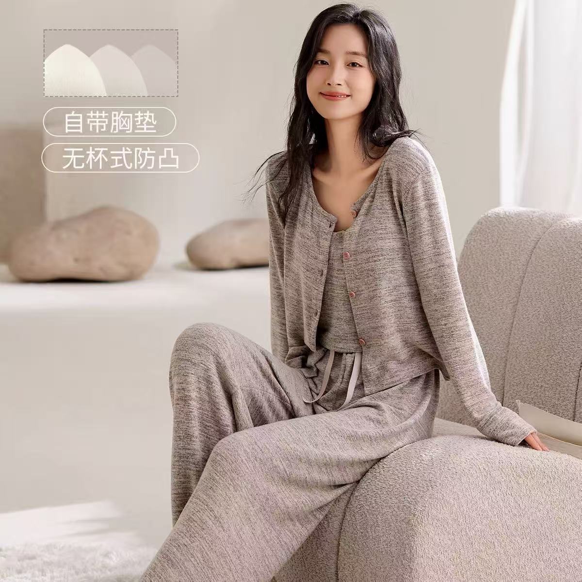 AM女士冬季季舒适家居服三件套棉羊绒睡衣服套装88921