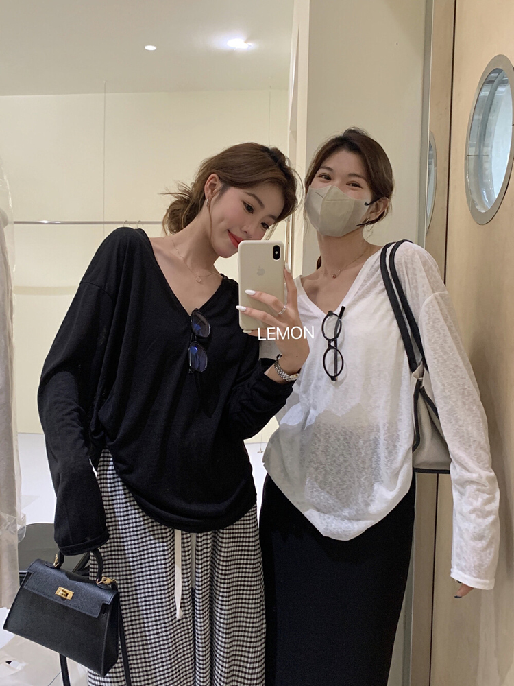 宽松v领冰丝长袖防晒罩衫t恤女夏季薄款高级感外搭空调衫薄纱上衣