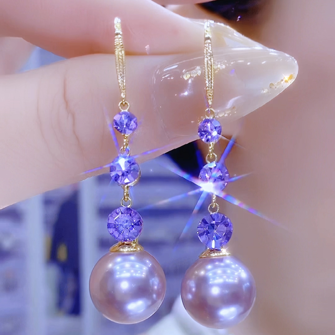 铜合金仿珍珠耳饰 时尚气质轻奢洋气百搭紫色珠珠耳环