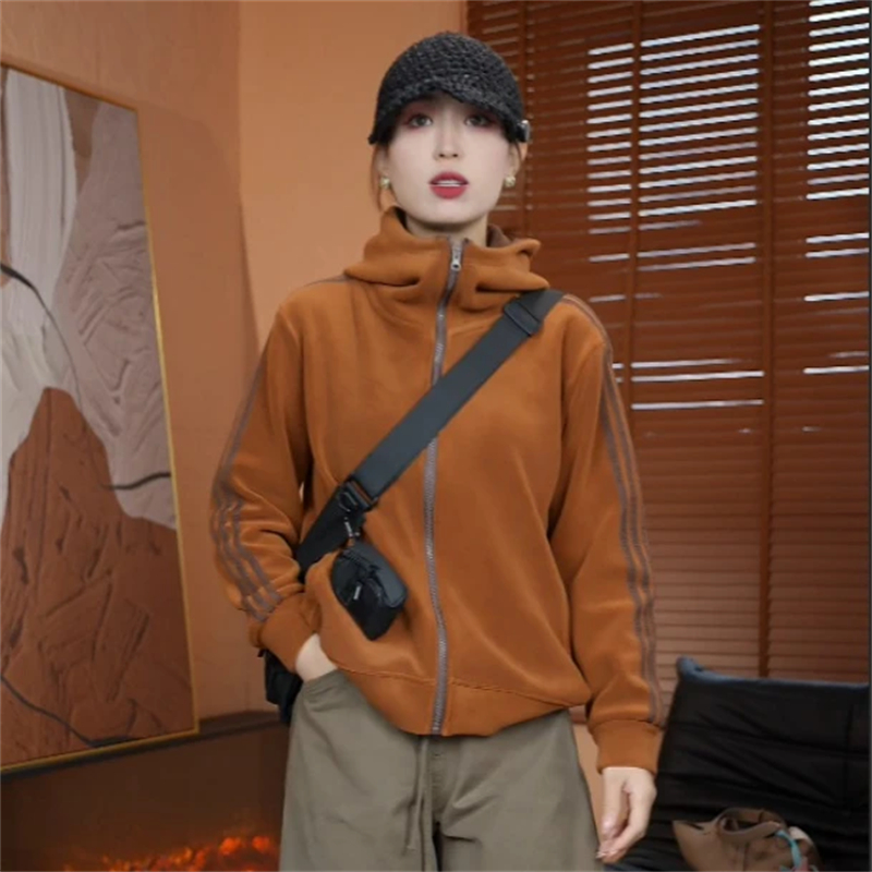 休闲秋季时尚宽松加绒简约百搭连帽颗粒绒织带开衫