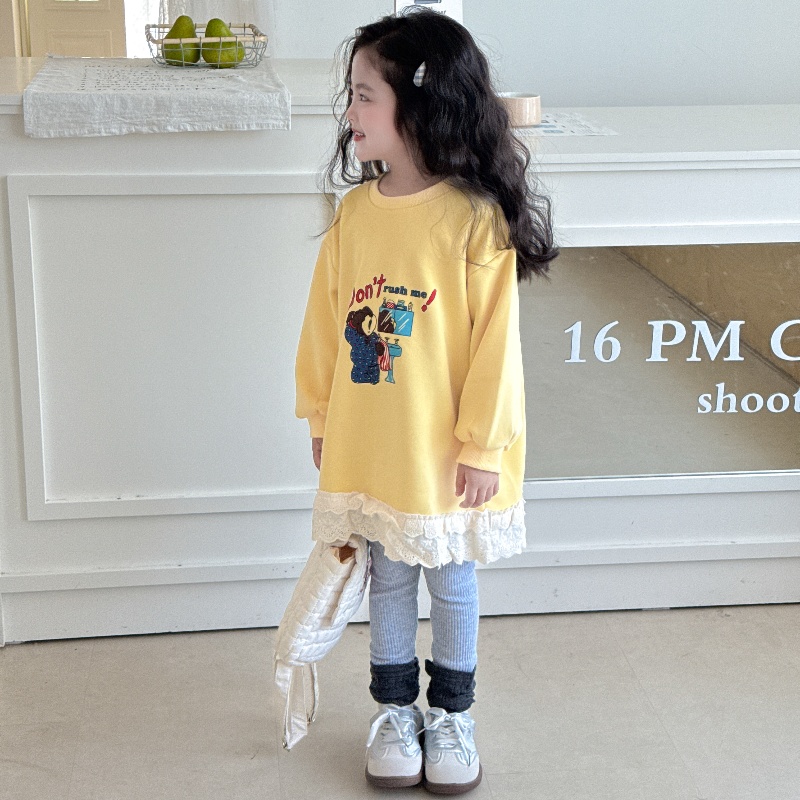 女宝宝卫衣秋季新款韩系卡通花边甜美长款卫衣女童上衣打底裤套装