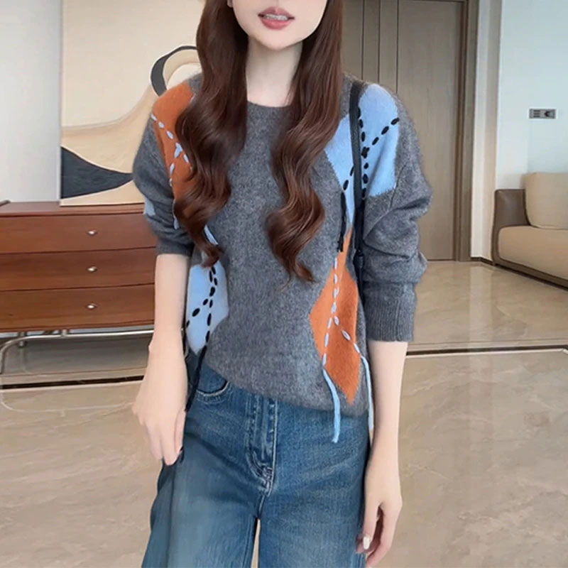 韩系复古撞色菱格套头毛衣女秋冬设计感小众慵懒风宽松针织衫上衣