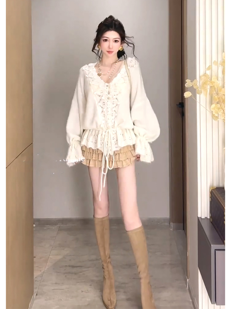 慵懒风宽松镂空钩花V领毛衣女2025早秋韩系设计抽绳下摆针织开衫