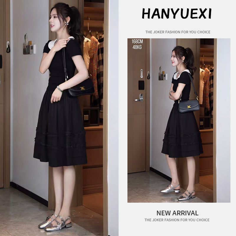 今年流行穿搭一整套2025新款娃娃领拼接短袖上衣木耳边半身裙套装