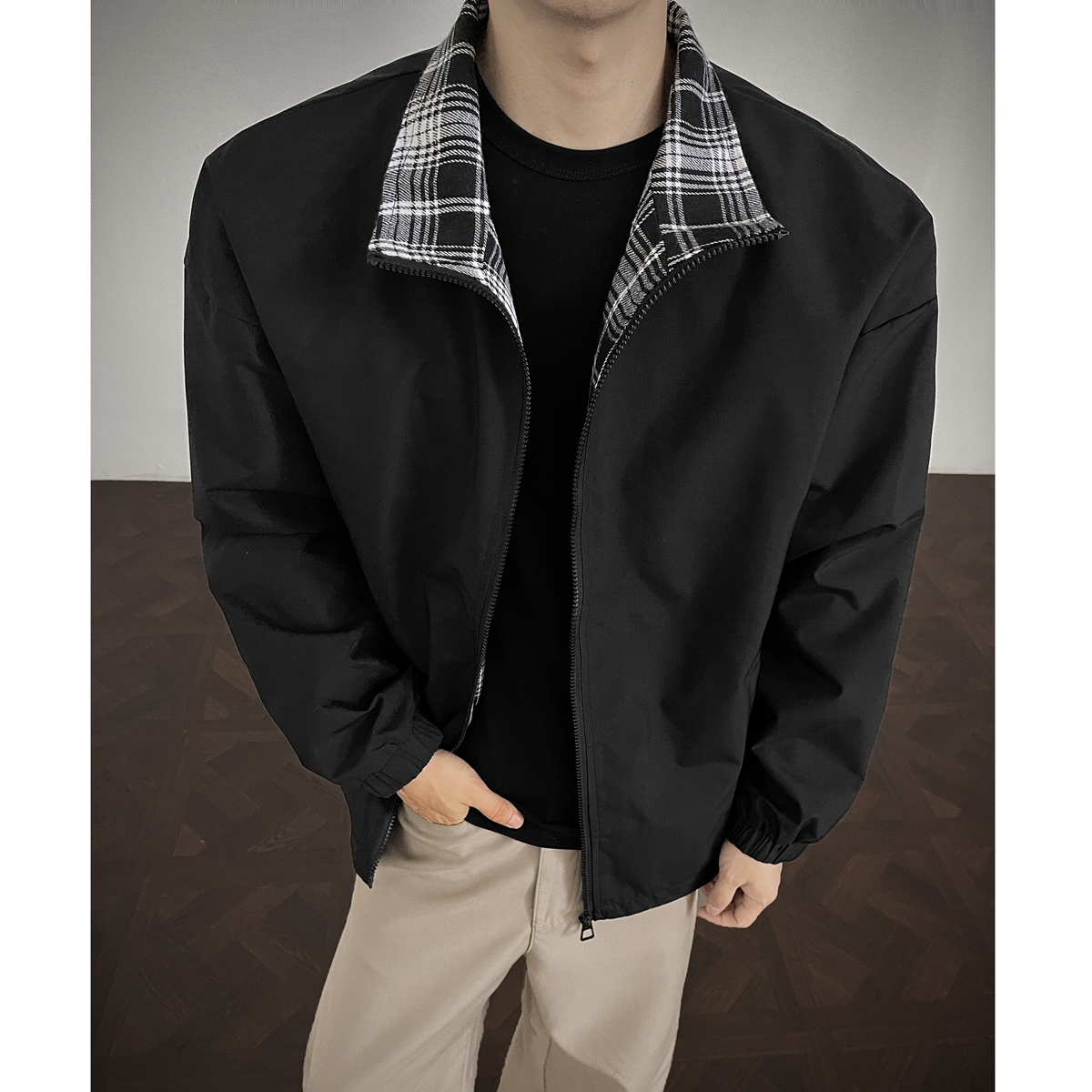 fitcheck格子拼接夹克男春秋季少年感学生情侣装上衣美式休闲外套