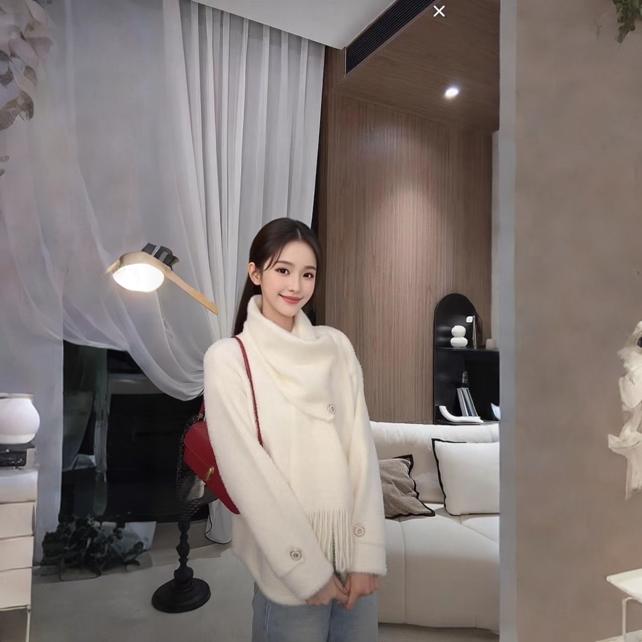 法式小香风粉色带围巾多巴胺毛衣外套女冬季新款宽松加厚针织开衫