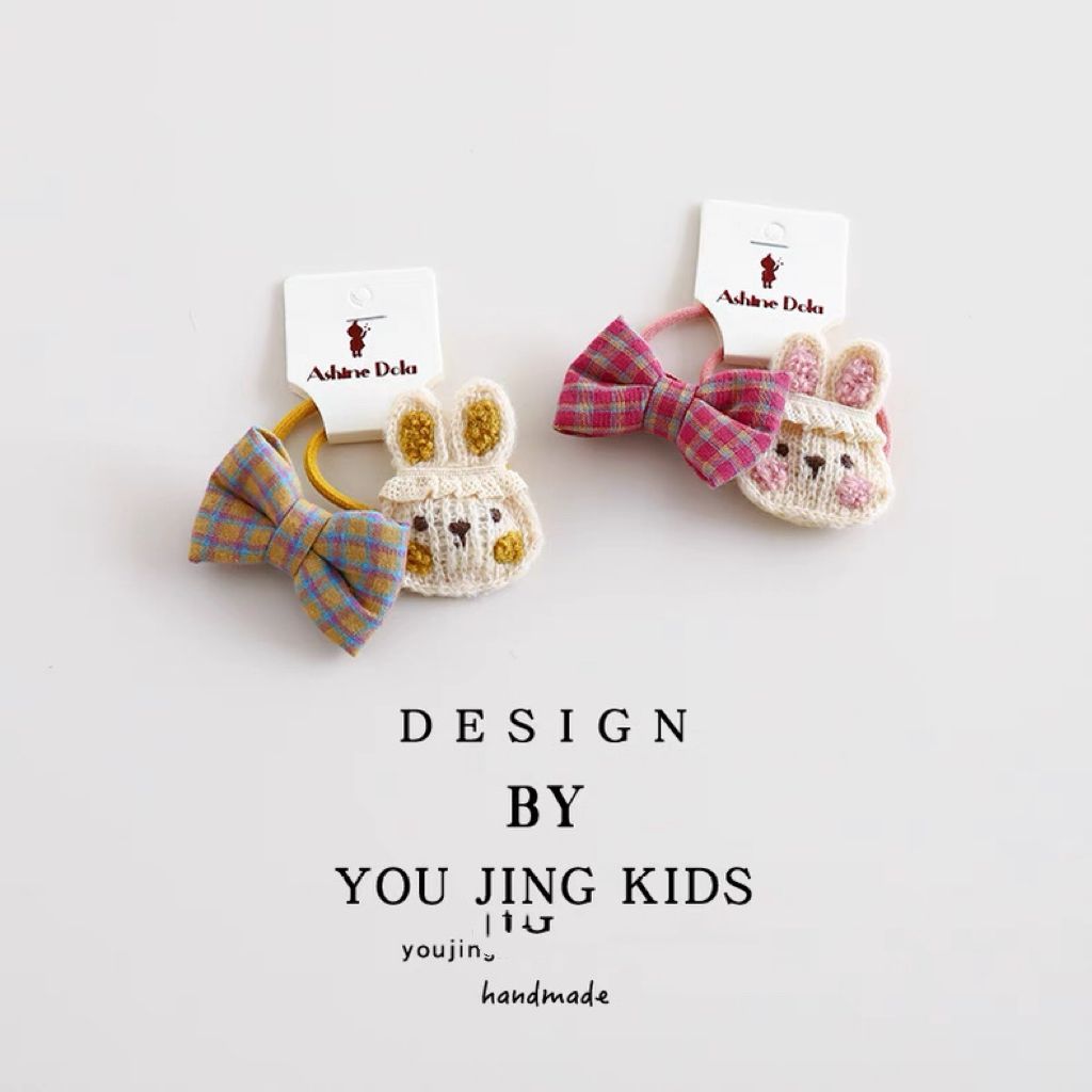 可爱毛线兔子儿童发绳女童格子蝴蝶结发圈不伤发女孩头绳皮筋头饰