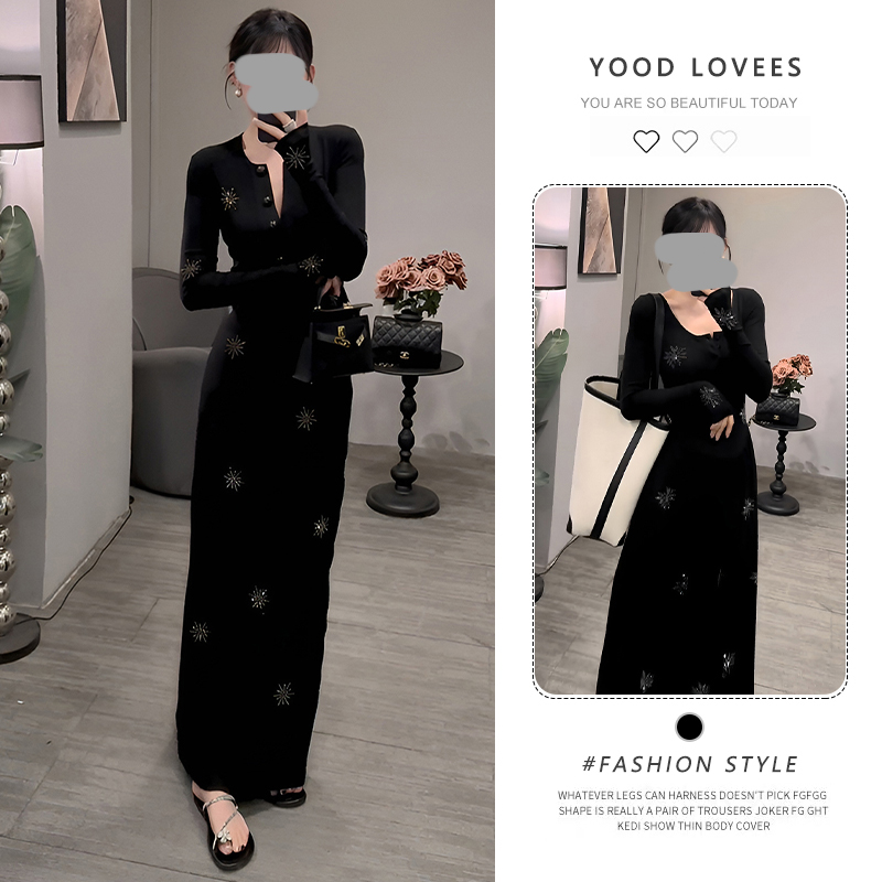 法式复古气质长袖连衣裙女春秋新款高级感收腰显瘦内搭打底长裙子