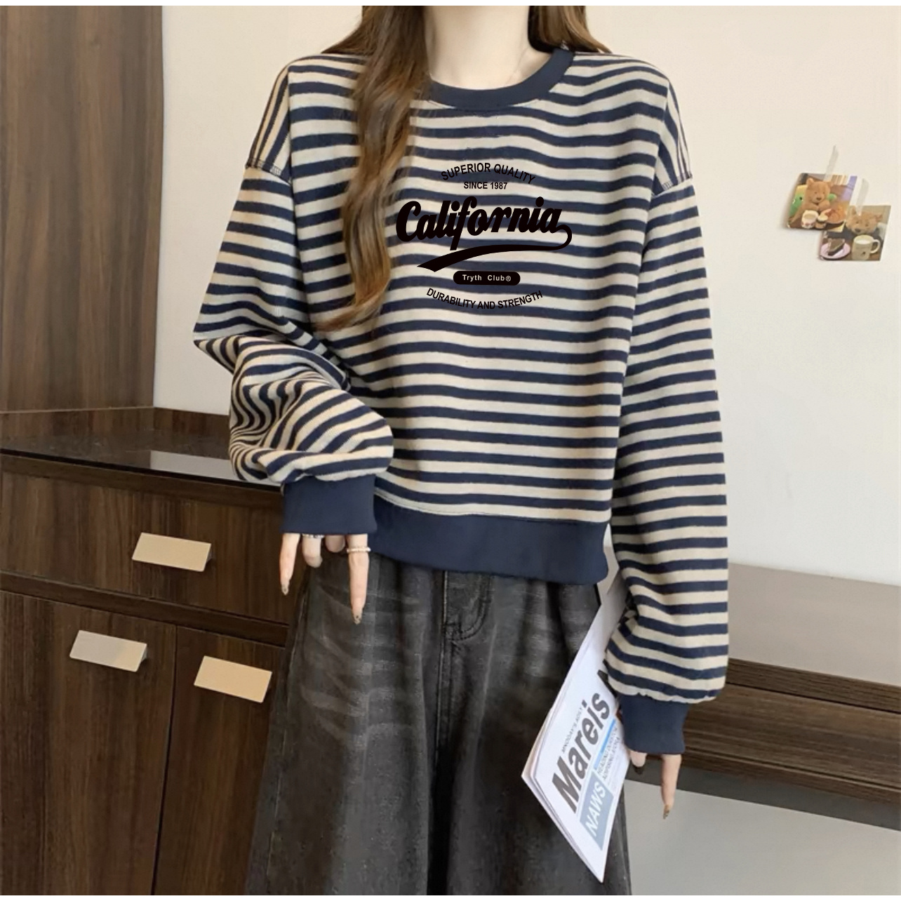 慵懒风 时尚洋气撞色条纹长袖T恤女2025秋装新款通勤气质百搭上衣