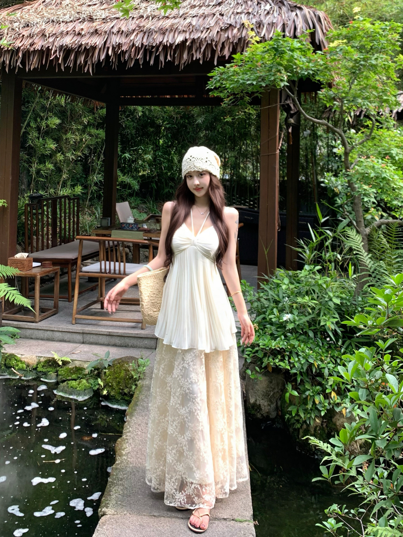 法式V领吊带半裙女绝美网纱刺绣长裙半身裙辣妹度假风套装