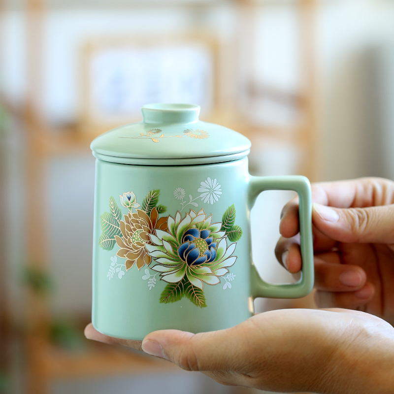 牡丹天青汝窑陶瓷茶杯带盖过滤茶水分离杯办公杯个人专用喝茶水杯