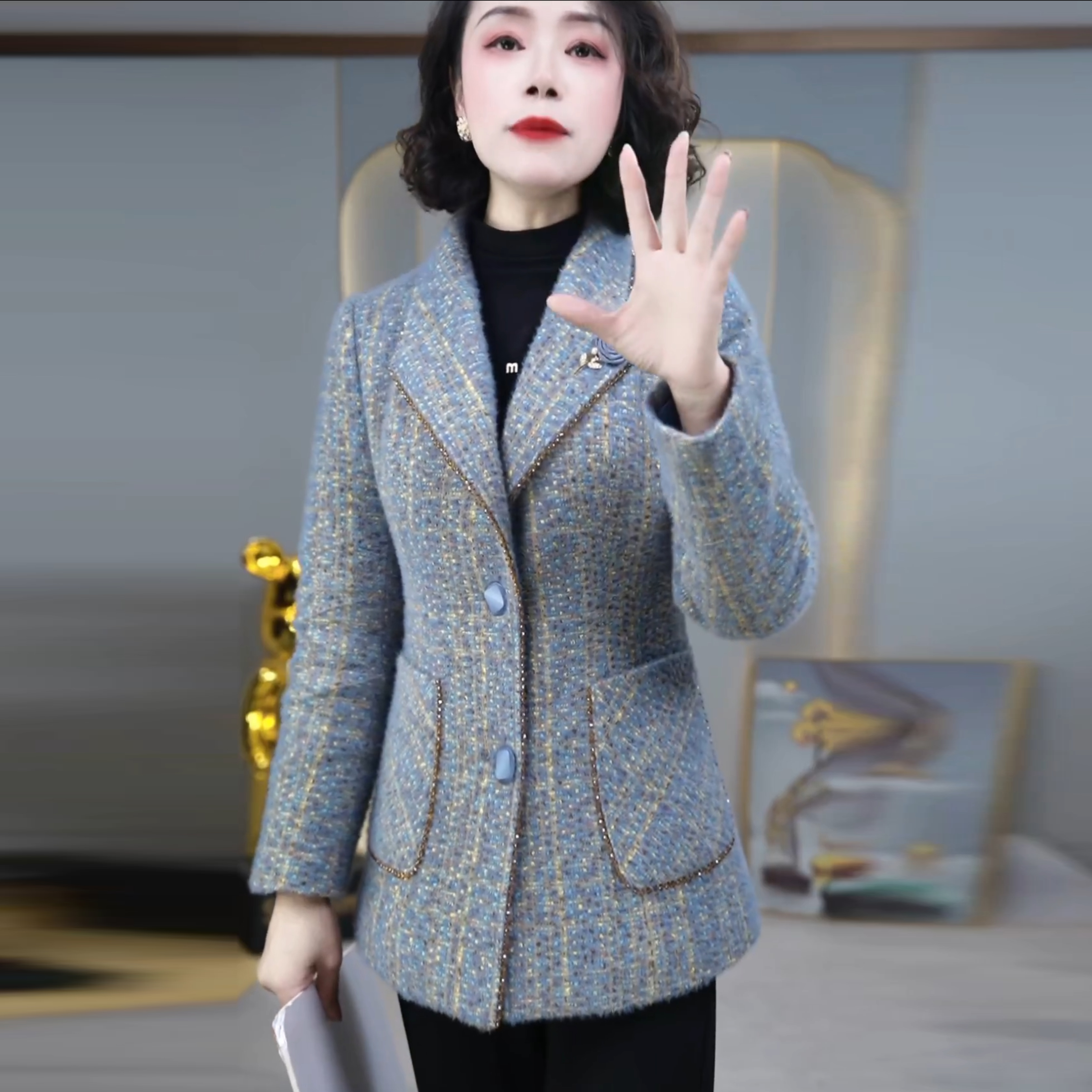 小香风粗花呢西装棉服外套女2025年冬装新款修身蓝色单排扣长袖潮