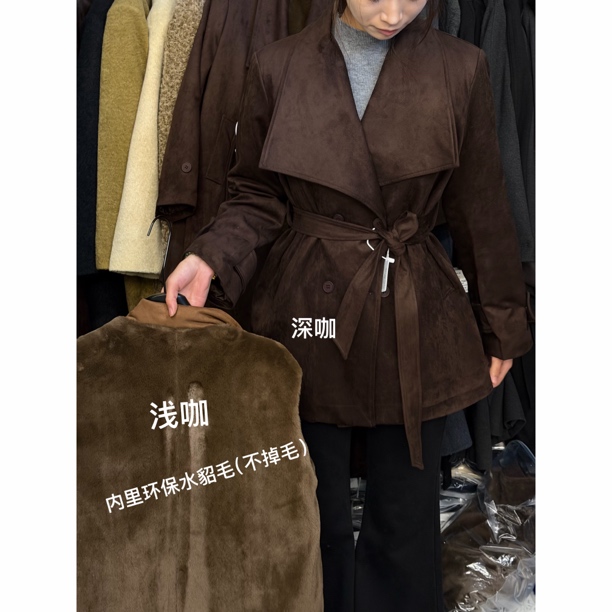 新冬季年款十三行麂皮绒环保毛中长翻领系带收腰百搭时尚显瘦外套