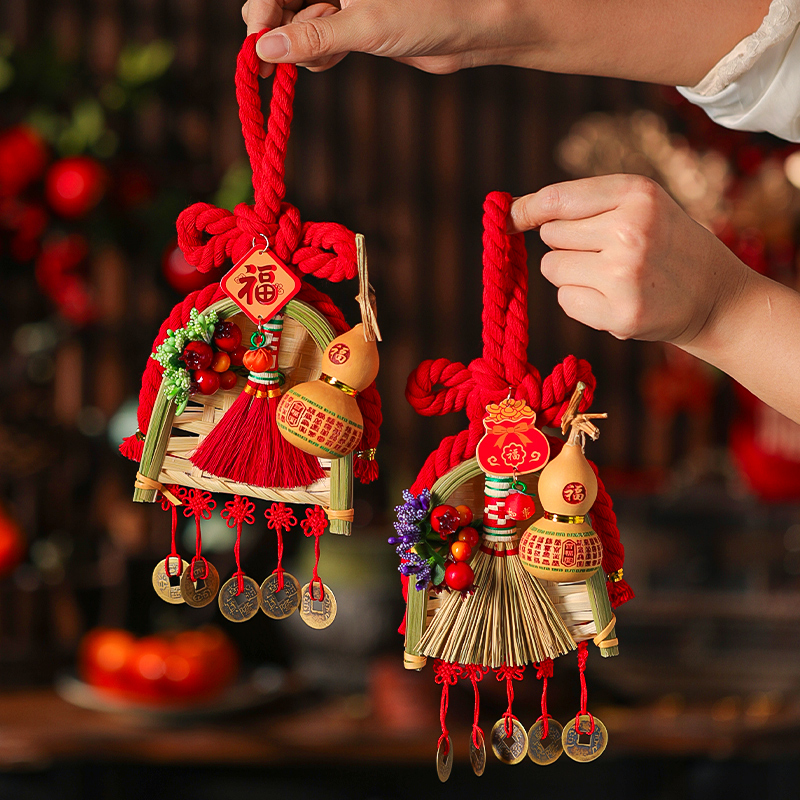 映菲寻乔迁之喜入户门把手扫帚挂件装饰万字结葫芦新居入宅仪式