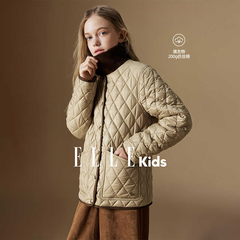 ELLE KIDS复古撞色灯芯绒翻领绗格棉服女童冬新款气质外套D1