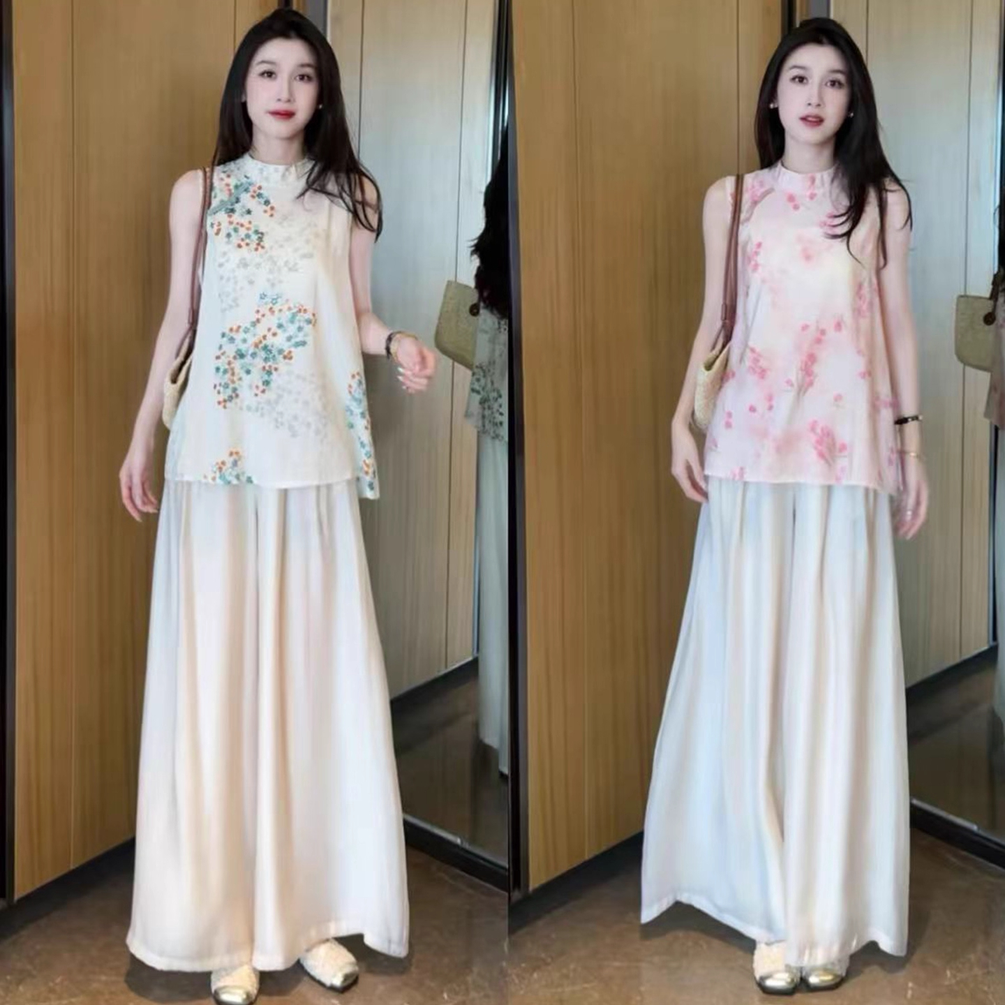 拉夏贝尔时尚套装女2025夏洋气显瘦减龄印花无袖上衣阔腿裤两件套