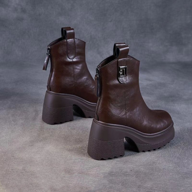 真皮棕色马丁靴女2025秋冬季加绒小个子内增高短筒英伦风粗跟踝靴